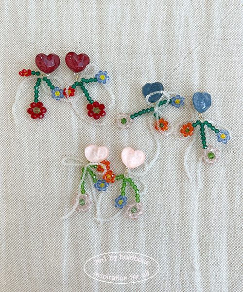 [handmade] 아쿠아 비즈 하트 리본 귀걸이 여름 휴가룩 포인트 플라워 비즈 빅귀걸이 3color